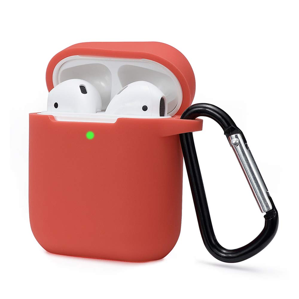 KOKOKA Case Cover Compatible with AirPods 2 & 1, Silicone Shockproof Case Cover for Airpods 2 &1 Front LED Visible Extra Protection with Carabiner, Red