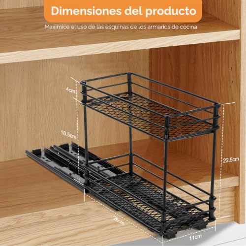 VINATO Spice Racks for Kitchen, 2 Tier Sliding Spice Organizer, Spice Rack with Guides, Kitchen Organizer for Cabinet(26x11x22.5cm)