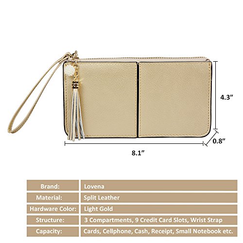 Lovena Soft Leather Wristlet Smartphone Zipper Wallet Tassel Wristlet with Credit Card Holder/Cash pocket/Wrist Strap-Fit iPhone X/iPhone 8/7Plus Samsung Note 8/5- Light Gold