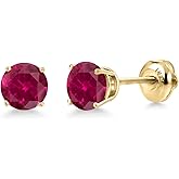 Gem Stone King 14K Yellow Gold Red Created Ruby Stud Earrings for Women | 3.10 Cttw | Gemstone July Birthstone | Round 7MM