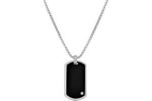 Geoffrey Beene Stainless Steel Men's Engravable Dog Tag Pendant Box Chain Necklace with Cubic Zirconia Stone