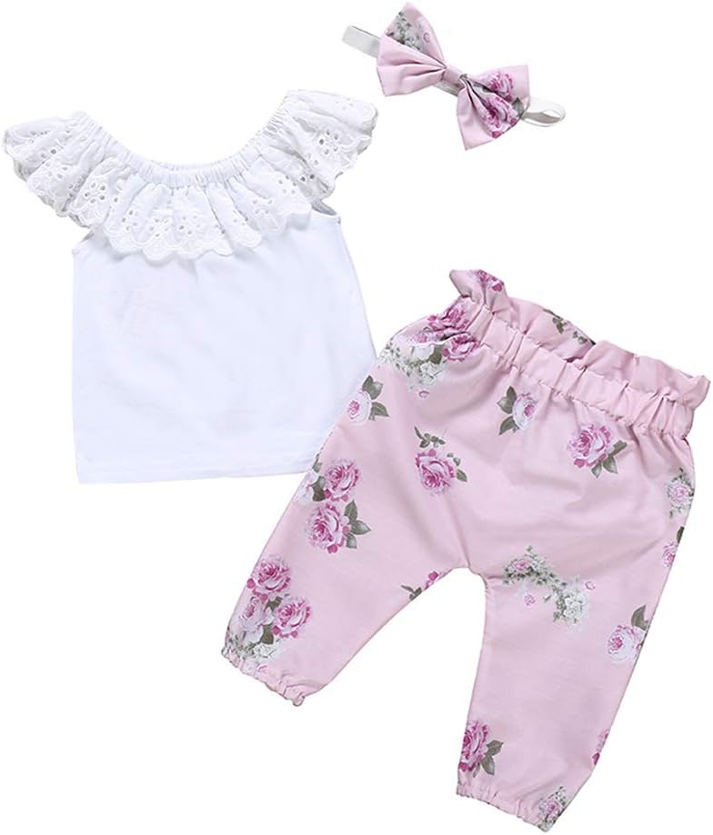 BOBORABaby Girl Clothes, Infant Girls 3PCs Clothing Set Sleeveless Cotton Shirt + Flowers Pants + Headband