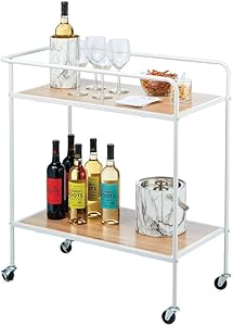 mDesign Portable Rolling Bar Cart Organizer Trolley with Easy-Glide Wheels and 2 Multipurpose Heavy-Duty Shelves - Wide Shelf - Durable Steel Frame - Matte White/Wood