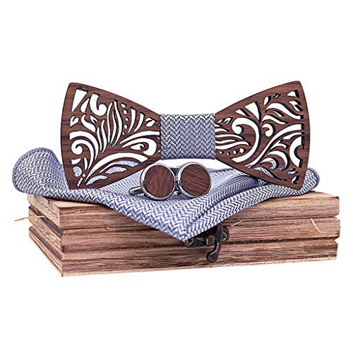 COM1950s Men's Bow Tie Natural Handmade Wooden Collar Vintage Wood Tie Manual Wooden Bow Tie Handkerchief Set (Gray, A)