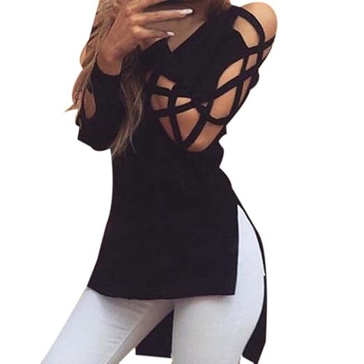 Elecenty Damen Tops Bluse Pulli T-Shirt Hohle Hülse Solide Kapuzenpullis Frauen Hemden Lose Hemd Pullover V-Ausschnitt Irregu