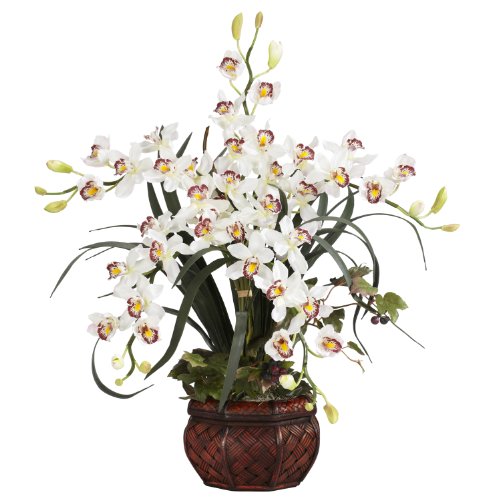 UPC 810709015010, Nearly Natural 1245-WH Cymbidium with Decorative Vase Silk Arrangement, White