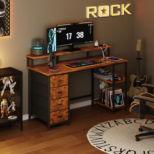 MUTUN 47" Reversible Computer Desk with Charging Station, Office Desk with Drawers and Shelves, Bureau de Travail, Home Office Desks, Study Table with Monitor Stand (Rustic Brown, 47 Inch)