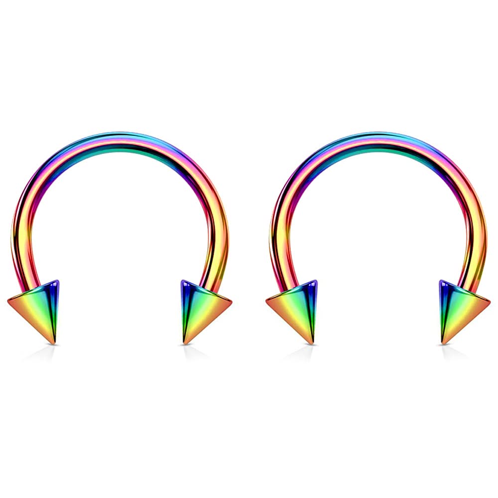Bling Piercing 2pc 1.2mm 16g Surgical Stainless Steel Rainbow Horseshoe Bar Hoop 4mm Spike Circular Barbells Earrings Cartilage Helix Septum Nose Lip Rings - 6mm