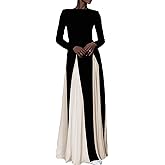 Kwunbwa Wedding Guest Dresses for Women Elegant Long Sleeve Patchwork Pleated Swing Long Dress Formal Maxi Dress