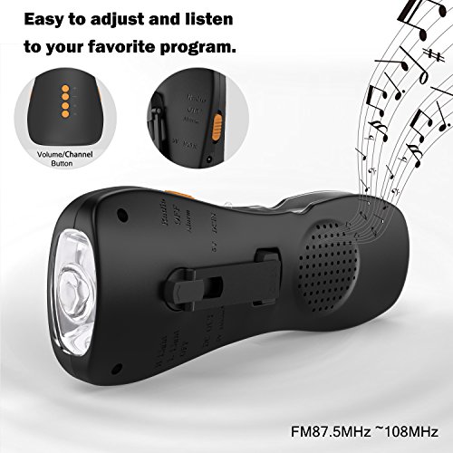 Hand Crank Flashlight Radio, Rhino Valley Portable Rechargable Emergency LED Torch, Multifunction Handy Tool Set and Cellphone Power Bank Charger for Outdoor Camping, Hiking and Home - Black