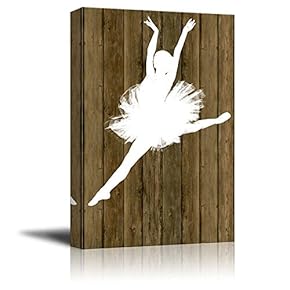 Ballet Dancing Canvas Wall Art - White Ballet Dancer Silhouette on Rustic Wood Background - Stretched Gallery Wrap Ready to Hang Home Decoration - 12x18 inches