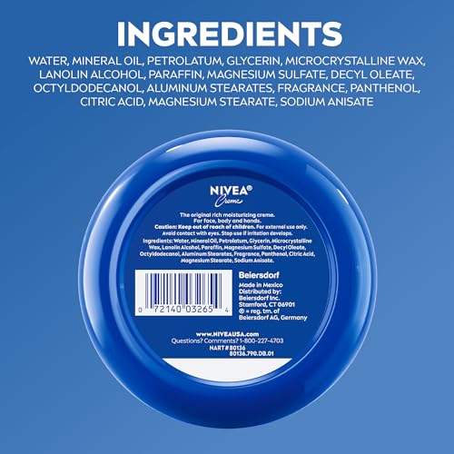 NIVEA CREME FACE, HAND AND BODY MOISTURIZER CREAM, RICH BODY CREAM FOR DRY SKIN WITH PROVITAMIN B5, FAST-ABSORBING AND NON-COMEDOGENIC, FOR DAILY USE ON ALL SKIN TYPES, 16 OZ JAR