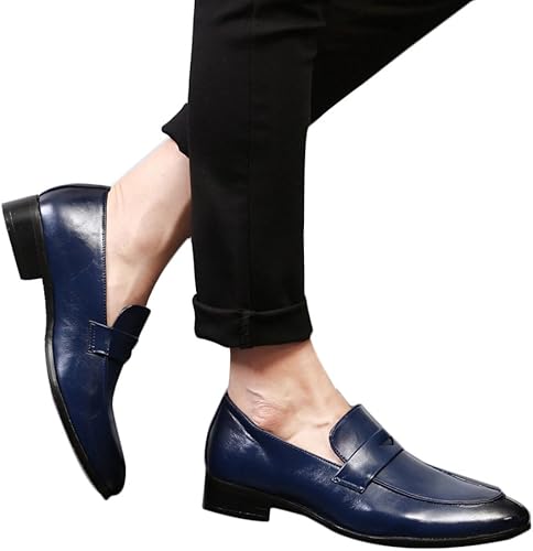 Amazon ジョイジョイ ビジネスシューズ メンズローファー スリッポン 大きいサイズシューズ 革靴 ロングノーズ 美脚 防水 ノンスリップ 夏 Uチップ スリッポン 紳士靴 メンズシューズ 学生 通勤 オシャレ ブルー Joyjoy ジョイジョイ ローファー スリッポン