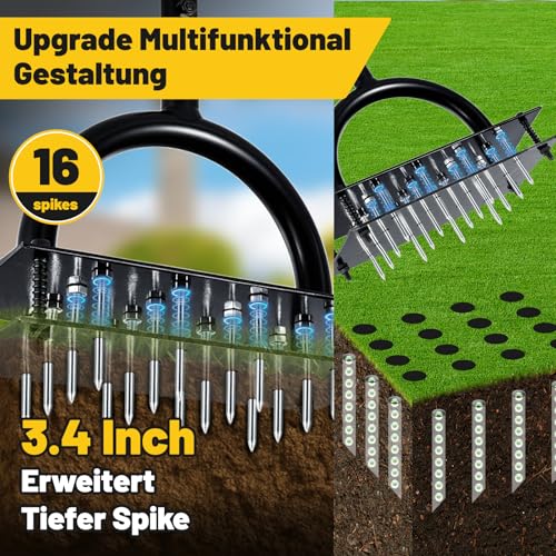 Lawn Aerator, Manual Garden Aerator for Lawn, Pre-Assembled 20 Iron Spikes, Adjustable T-Handle, Automatic Dirt and Leaf Clean Design, Garden & Grass aerator