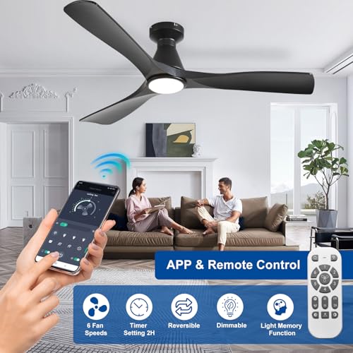 Depuley 52 Inch Ceiling Fans with Lights: Low Profile Recessed Black Ceiling Fan - Silent and Dimmable DC Motor Fan with Remote Control APP Timer