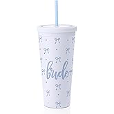 Reallnaive 24 oz White and Blue Bride Tumbler Bachelorette Supplies, Wedding Morning Drinkware, Bach Party Decorations, Bride to Be Before I Do(Blue Bow)
