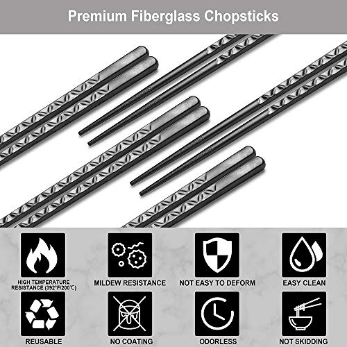 BLESWIN 5 Pairs Fiberglass Chopsticks, Reusable Chop Sticks Dishwasher Safe Japanese Chinese Style, Chopsticks Set 9.5 Inches Anti-Slip Textured Tip with Box, Easy Grip for Sushi Noodles Ramen Salad