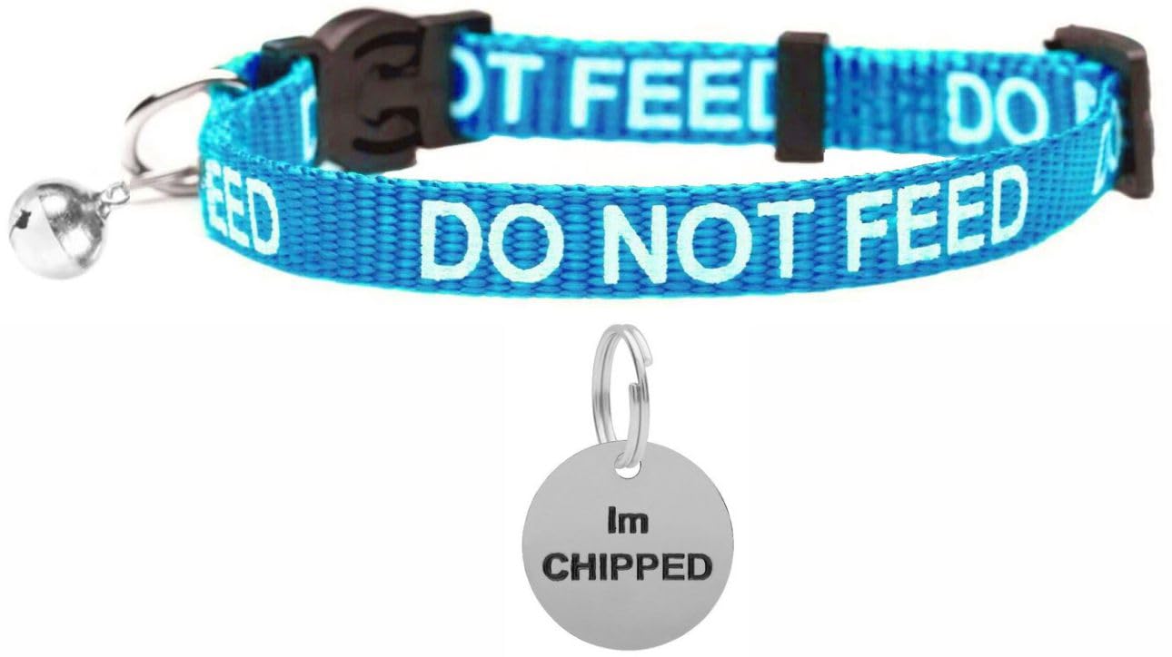 LARRYROO Cat Collar With DO NOT FEED Print - Soft Nylon & Safety Release Buckle - With Personalised Engraved Round Silver ID Tag with IM CHIPPED Print (Turquoise)
