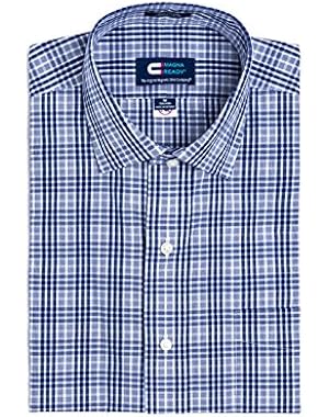 Magnetically Infused Navy & White Grid Mens Long Sleeve Dress Shirt