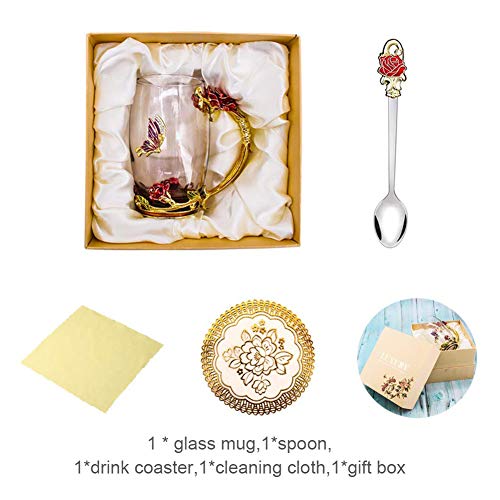 Tea Cup Coffee Mug Cups, Clear Glass Coffee Cups Tea Mugs with Spoon Set Handmade Enamel Butterfly Rose Flower,13 oz (Red Rose) Ideal for Friend Wedding Anniversary Birthday Presents - Thumbnail 2
