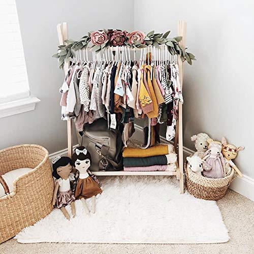 Clothing Rack, Nursery Decor, Dress Up Station, Kids Clothing Storage, FOLDS UP, 40x38 inch Tall Wooden Rack with Canvas Storage Shelf - Thumbnail 6