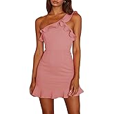 MQCVC Women's Sexy One Shoulder Ruffle Hem Mini Dress Backless Sleeveless Party Cocktail Bodycon Solid Short Dresses