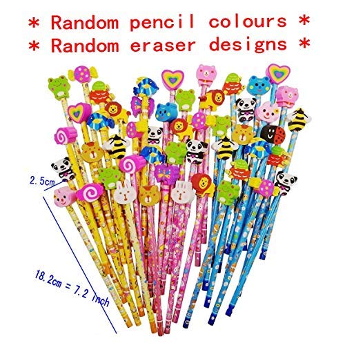 JZK 50 x Wooden Graphite Pencils Set with Cartoon Rubber erasers for Kids Children Party Favours give Away Thank You Gift Party Bag Filler Birthday for Boys Girls - Thumbnail 3