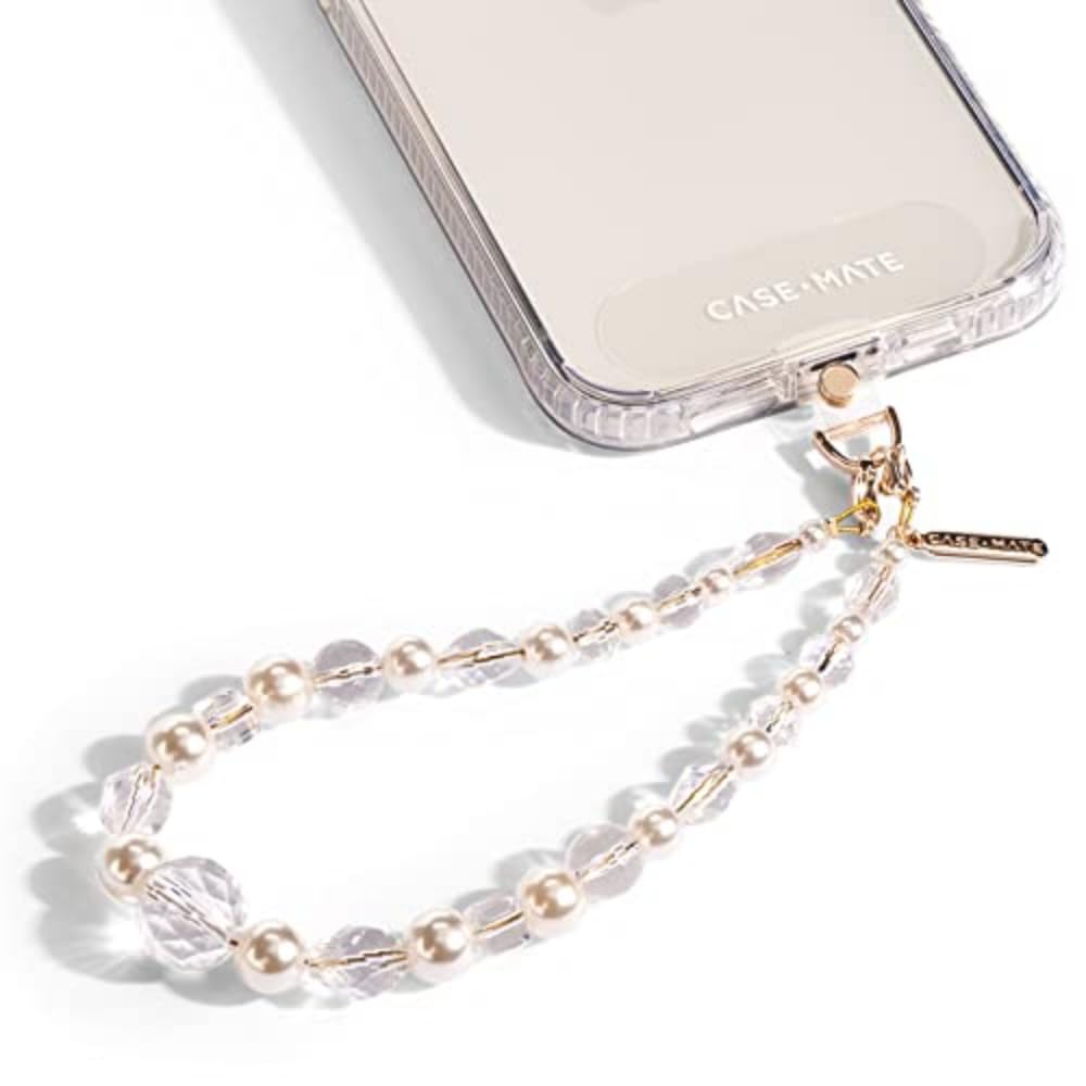 Case-Mate Phone Charm with Beaded Crystals and Pearls - Detachable Phone Lanyard - Wrist Strap - Adjustable Phone Grip Strap for Women - iPhone 16 Pro Max/ 15 Pro Max/ 14 Pro Max/13/12 - Crystal Pearl