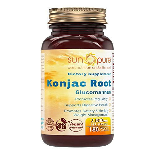 Sun Pure Premium Quality Konjac Root 2000 Mg Veggie Capsules Glass Bottle 180 Count Per Bottle - Promotes Regularity - Supports Digestive Health - Promotes Healthy Weight Management Sun Pure Premium Quality Konjac Root 2000 Mg Veggie Capsules Glass Bottle 180 Count Per Bottle - Promotes Regularity - Supports Digestive Health - Promotes Healthy Weight Management