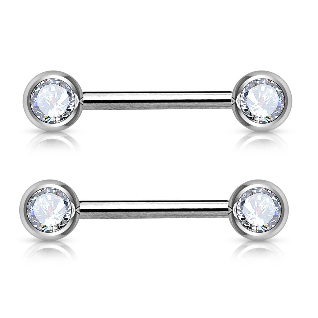 PiercedOff 316L Surgical Steel Nipple Bar with Forward Facing Clear CZ Gem Balls - Thickness 14GA (1.6mm) / Length 16mm / Ball Sizes 6mm - Sold as a Pack of 2 Nipple Bars
