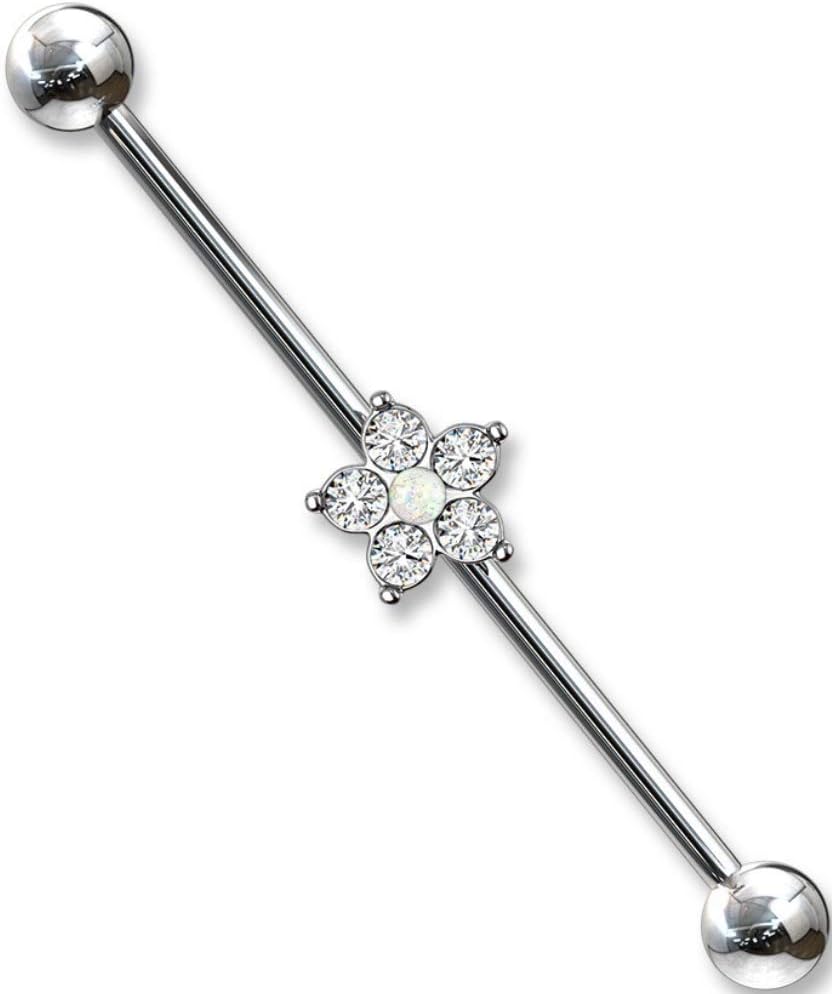 ALL COLOURS -Beautiful Glitter Opal & Crystal flower industrial, scaffold, surface bar barbell - Pegasus Body Jewellery (16) (16)