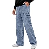 WICUSION Mens Baggy Cargo Jeans Wide Leg Elastic Waist Jean Loose Fit Casual Denim Utility Pants Streetwear