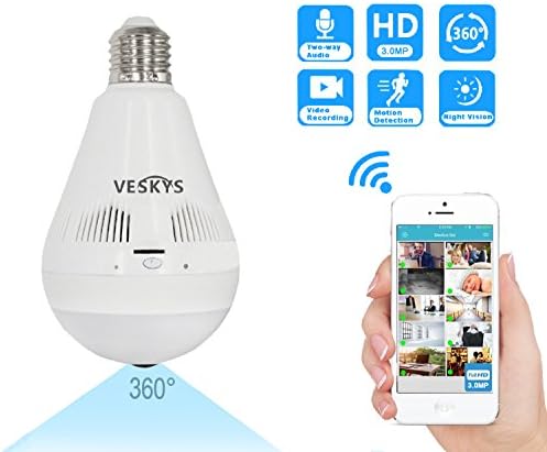 VESKYS Bulb Camera,3.0MP HD 360° Panoramic Fisheye LED Wireless IP Camera, WiFi Indoor Security Surveillance Camera with 2 Way Audio and Night Vision for Phone Remote Home Monitor (1536P-A)