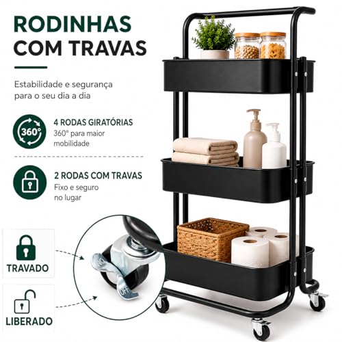 Carrinho Organizador Multiuso 3 Prateleiras com Rodinhas | Estrutura em Aço Carbono e Cestos em Plástico resistente.