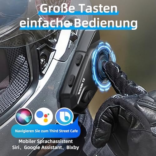 WAYXIN T2 Motorcycle Headset with Intercom, Helmet Communication System for 2 People in Range of 300 m, with Voice Assistant, Waterproof Hands-Free Calling, Music Call Control (1 Piece)