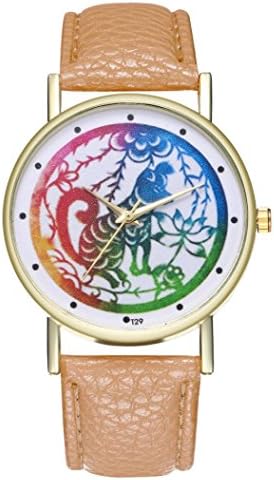 Yeefant Colorful Animals Pattern Trendy Student Lady Leather Band Analog Quartz Round Wrist Women's Fine Vintage Fashion Trend Belt Watch,Beige