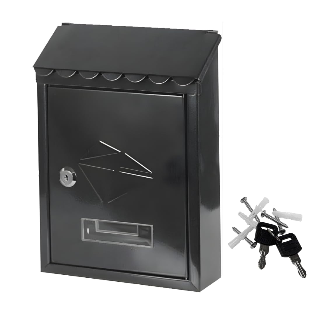 Steel Mailbox with Outdoor Lock – Roof Rain Cover Decorated Openable – Letter Box with Double Key – Black Box