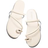 Coutgo Womens Strappy Flat Sandals Square Open Toe Flip Flops Slides Toe Ring Metal Summer Dress Shoes