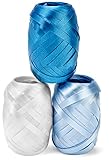 Curling Ribbon Three Assorted Colors: 3/16 Inch x 22 Yard - 60 Total Meters - Extra Long Powder Blue, Baby Blue, White Ribbon Egg 3 Pack in Storage Organizer for Decorative Gift Wrapping & Balloons