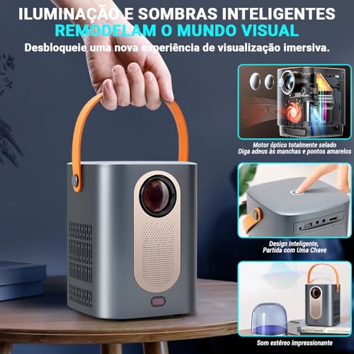 Projetor Portátil HY6, Projetor Compatível 4K com Som de Alta Performance, Conexão WiFi 6 Banda Dupla 2.4G+5G, 110V-240V