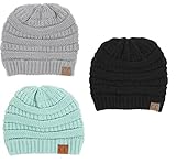 BYSUMMER C.C Warm Soft Cable Knit Skull Cap Slouchy Beanie Winter Hat (3pcs Set, Black/Natural Grey/Mint)