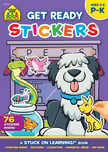 School Zone - Get Ready Sticker Workbook - Ages 3 to 6, Preschool to Kindergarten, Stickers, Counting Money, Numerical Order, Matching, and More (School Zone Stuck on Learning® Book Series)