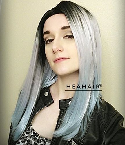 Heahair Women Dark Root Grey Lace Wigs Ombre Silver Straight Handtied Synthetic Lace Front Wigs for Cosplay Hs0007