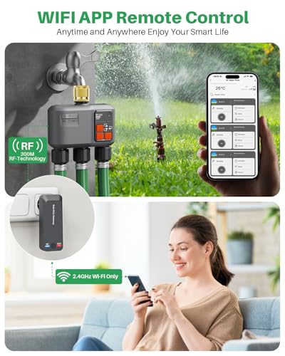 WLAN Watering Computer 3 Outputs with Brass Inlet/RF 300M Technology, Garden Watering Clock, Compatible with Alexa & Smart Life App, Automatic Watering System for