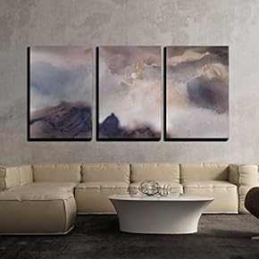 3 Piece Canvas Wall Art - Watercolor Landscape. Clouds, Fog Over The Lake - Modern Home Art Stretched and Framed Ready to Hang - 16"x24"x3 Panels