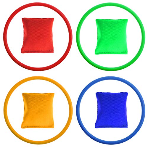 Jyongmer 16 Pieces Nylon Bean Bags Plastic Rings Game Set for Carnival Outdoor Games Garden Backyard Games Kids Ring Toss Game Party Games Supplies