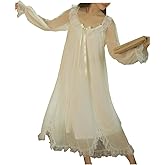 SINGINGQWEEN Womens Vintage Nightgown Princess Sleepwear Chemises Mesh Long Sleeve Lounger Pajamas Nightdress