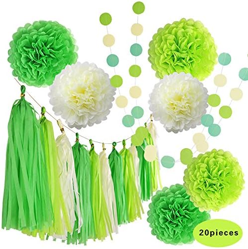 LEMENSTART Tissue Paper Pom Poms Tissue Tassel Garland Polka Dot Paper Garland Green Cream 20 Pcs for Wedding Party Decoration