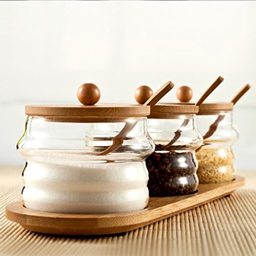 GAODUZI Creative Glass Seasoning Tank Set Bamboo Cover Kitchen Seasoning Box Spice Bottle Salt