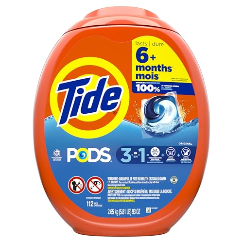 TIDE PODS LAUNDRY DETERGENT PACS, 3-IN-1 STAIN REMOVER, ODOR FIGHTER, COLOR PROTECTOR, 112 COUNT, HE COMPATIBLE, ORIGINAL SCENT